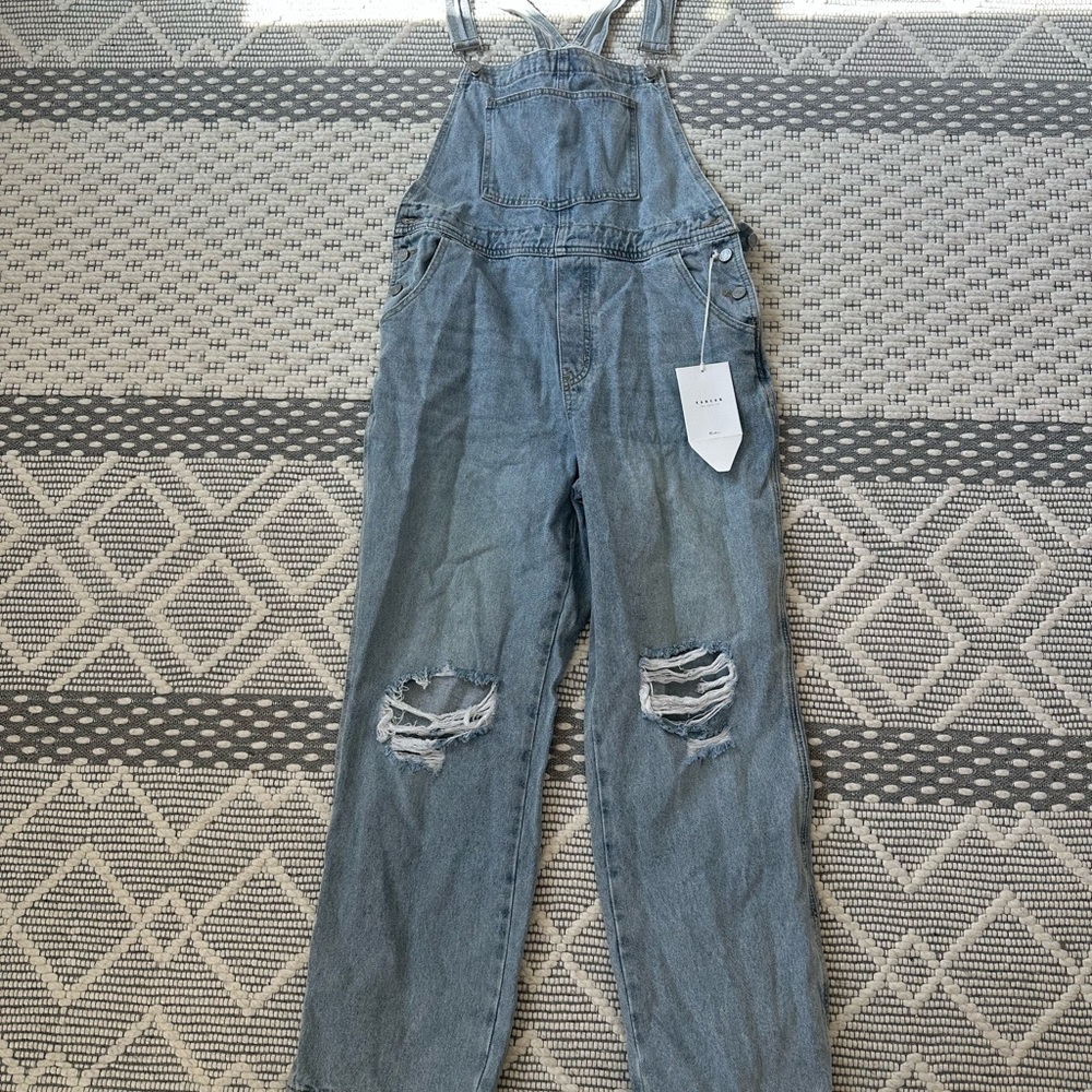 Blue Denim Overalls with Distressed Details